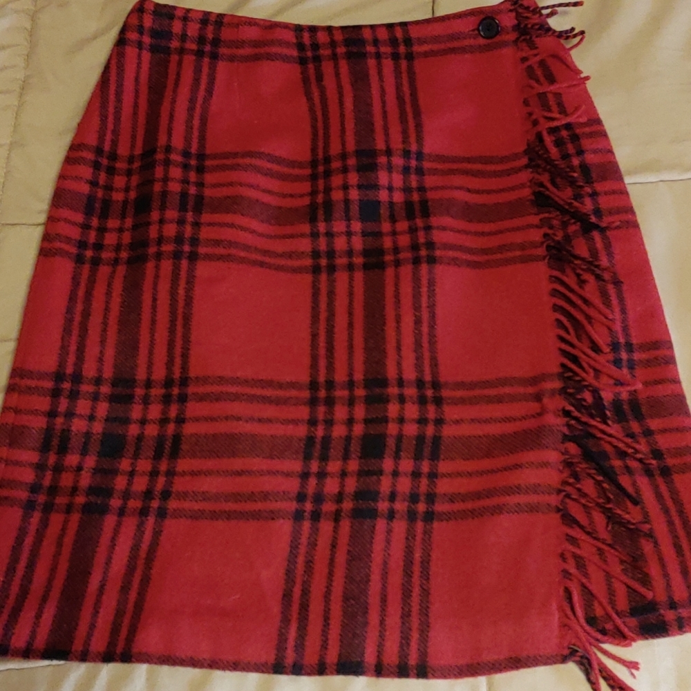 Wool Blend Plaid Skirt with Fringe